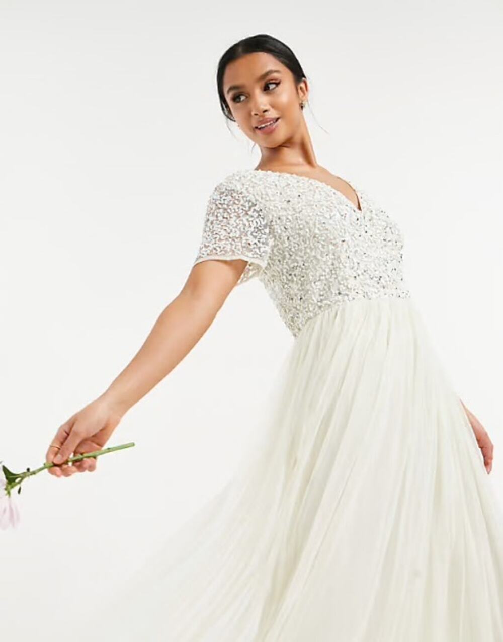 Maya Deluxe embellished v-neck bridal maxi dress in white or ecru petite M
